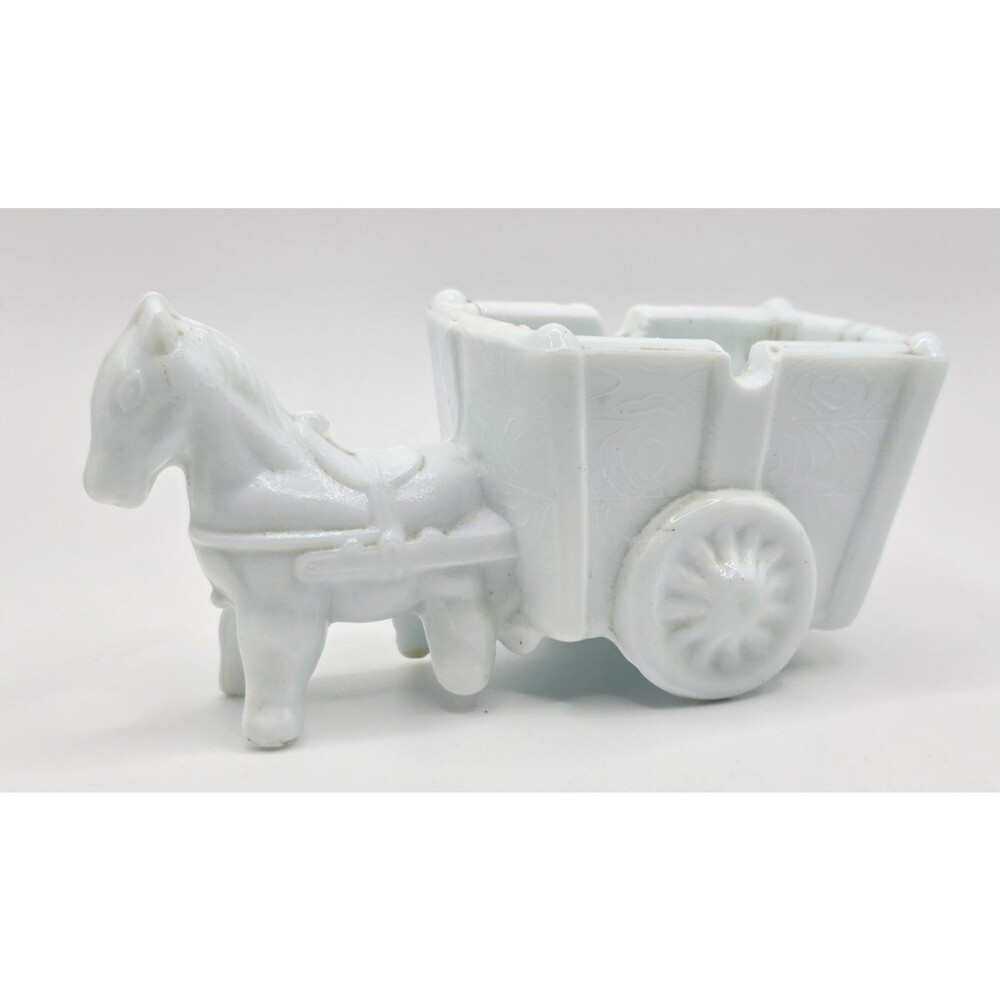 Vintage White Milk Glass Donkey Drawn Cart Ashtray